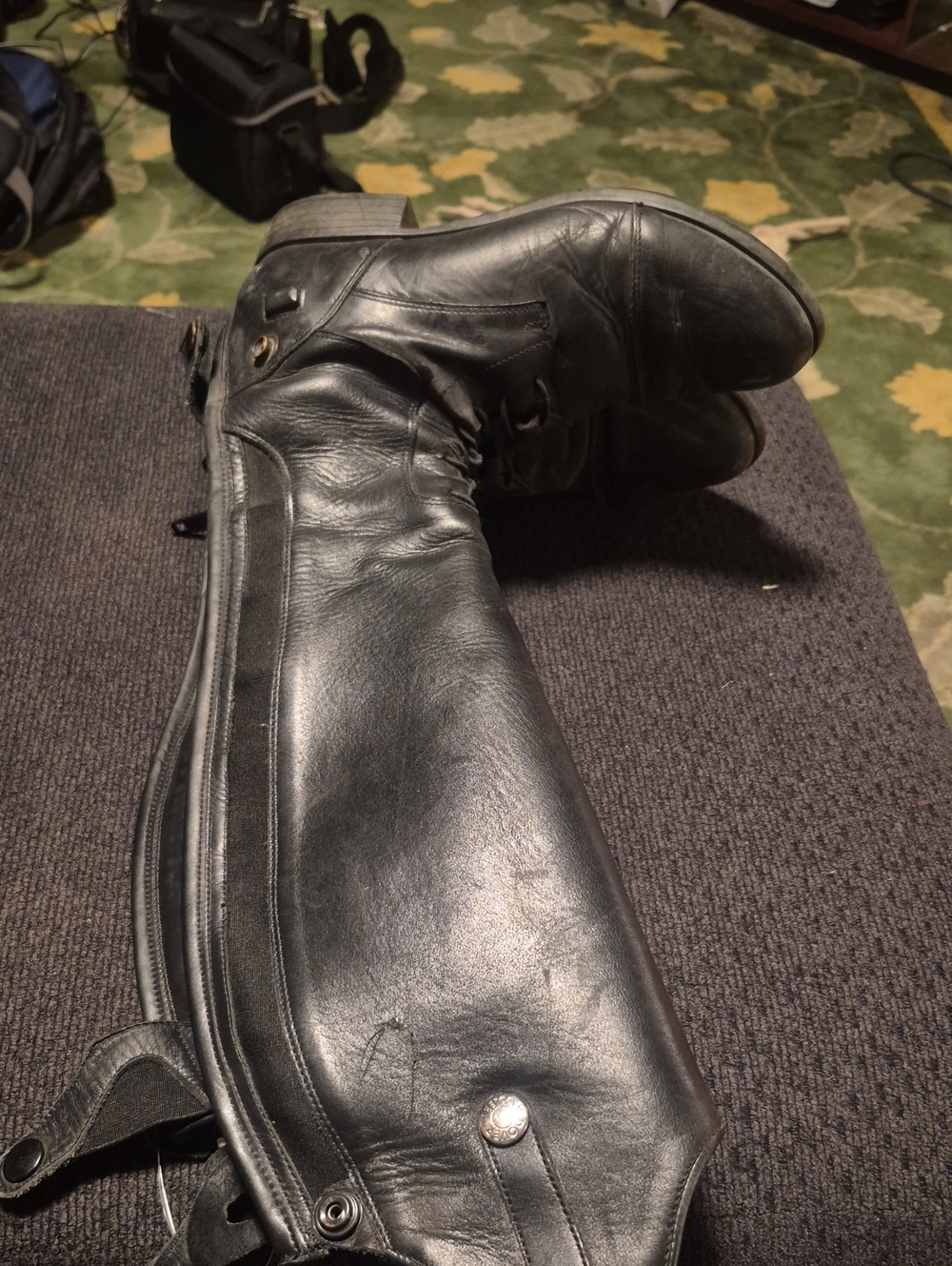Black Leather Tall Moto Boots with Side Zip